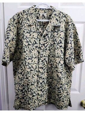 Cutter & Buck Shirt Men's Size Large Green Tan Button Up Linen Blend *Leaf Print